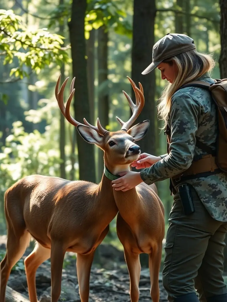 An image of a wildlife biologist tagging a deer in a forest, representing the organization's species monitoring and management programs.