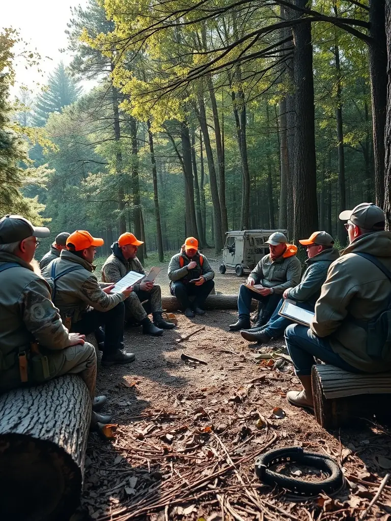 A photo of a group of hunters participating in a responsible hunting education workshop, emphasizing the importance of ethical hunting practices and wildlife conservation.