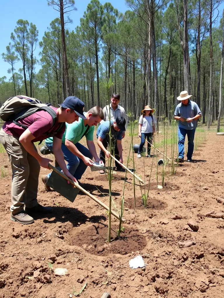 A photograph capturing volunteers planting trees as part of a habitat restoration project, showcasing community involvement and environmental stewardship.