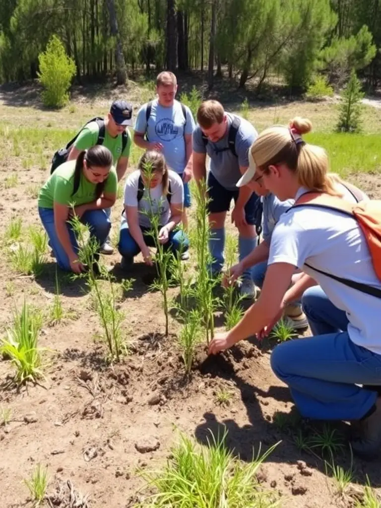 A photograph of a group of volunteers planting trees in a deforested area, symbolizing habitat restoration efforts by SOCIETE CHASSE PRIVEE RCLGB.