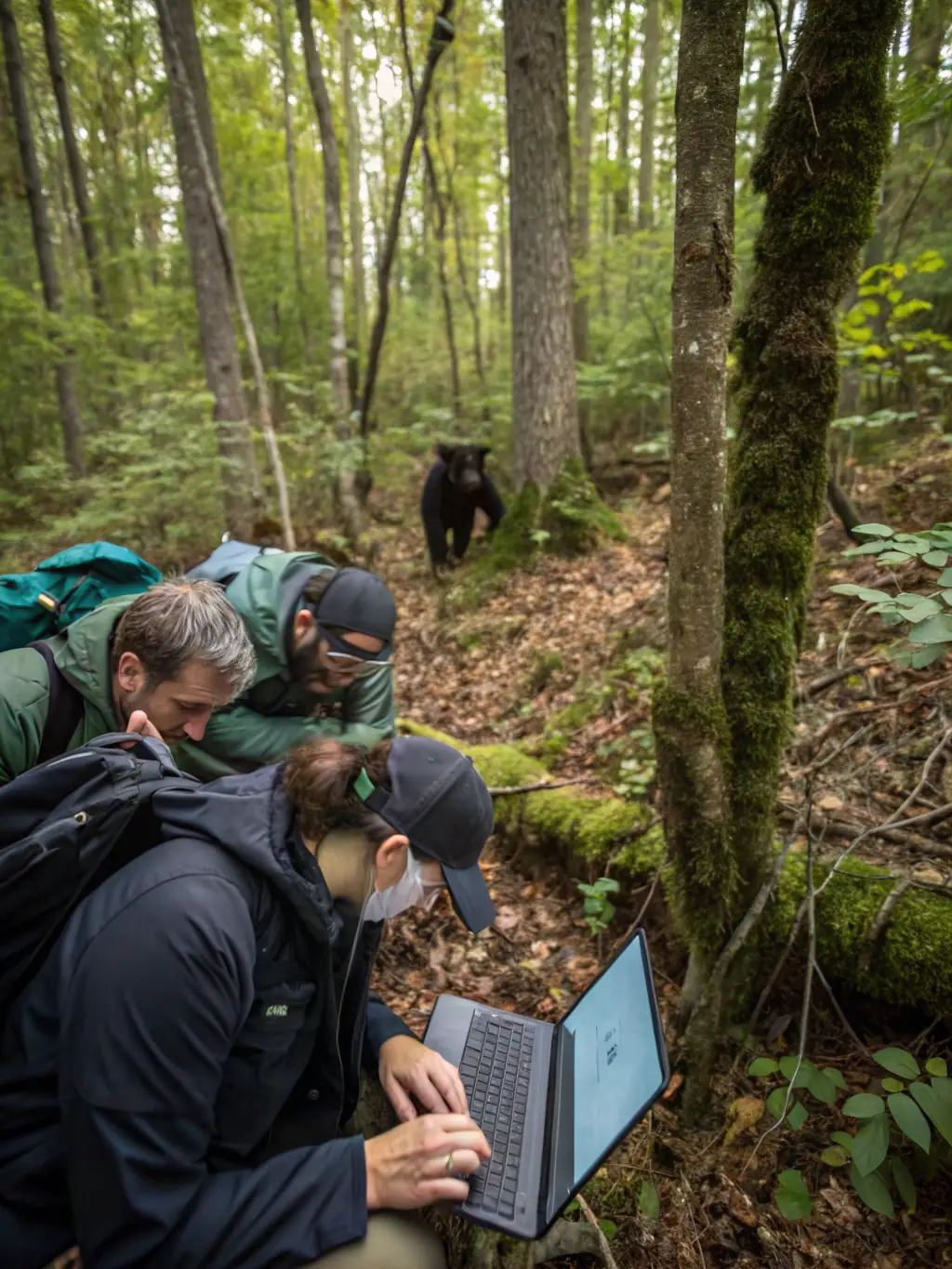 An image depicting a wildlife monitoring team tracking animal populations using GPS technology, highlighting the use of scientific methods in conservation efforts.